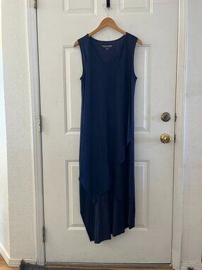 Soft Surroundings Woman's Navy Blue Amalfi Asymmetric Chiffon Midi Dress Sz Med